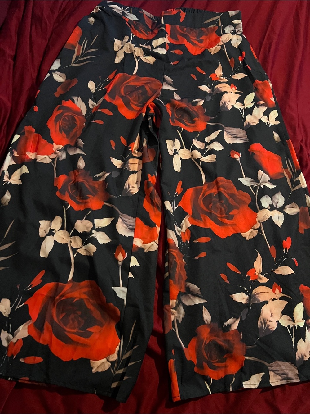 SHEIN Black and Red Floral Wide Leg Pants
